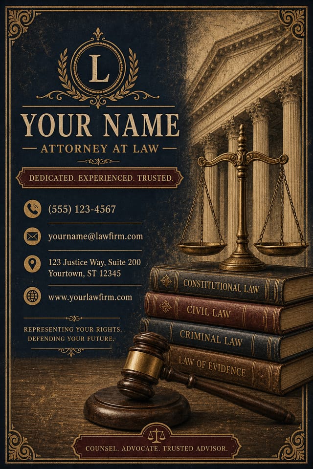 Lawyer Business Card — vintage style business card design, featuring scales of justice, gavel, legal books, navy/burgundy/gold palette, courthouse columns