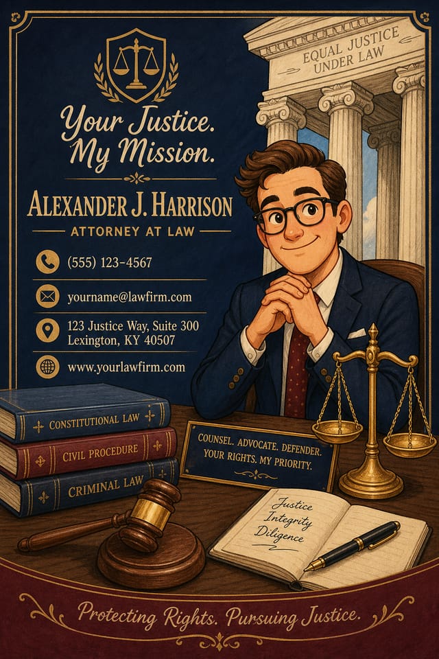 Lawyer Business Card — illustration style business card design, featuring scales of justice, gavel, legal books, navy/burgundy/gold palette, courthouse columns