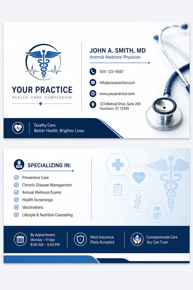 Medical Business Card — corporate style business card design, featuring caduceus, stethoscope, clean white/blue palette, healthcare imagery
