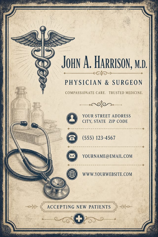 Medical Business Card — vintage style business card design, featuring caduceus, stethoscope, clean white/blue palette, healthcare imagery