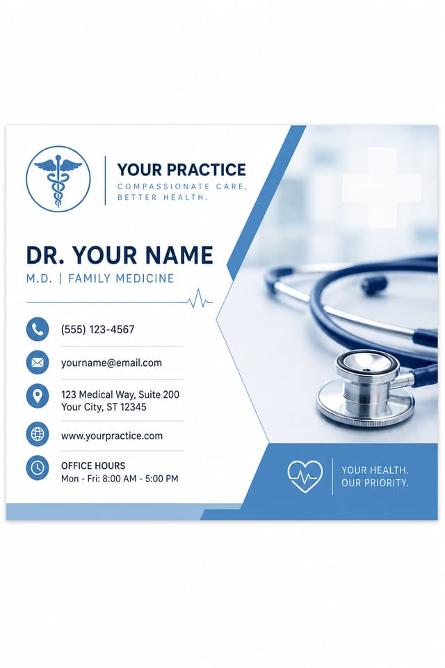 Medical Business Card — modern style business card design, featuring caduceus, stethoscope, clean white/blue palette, healthcare imagery