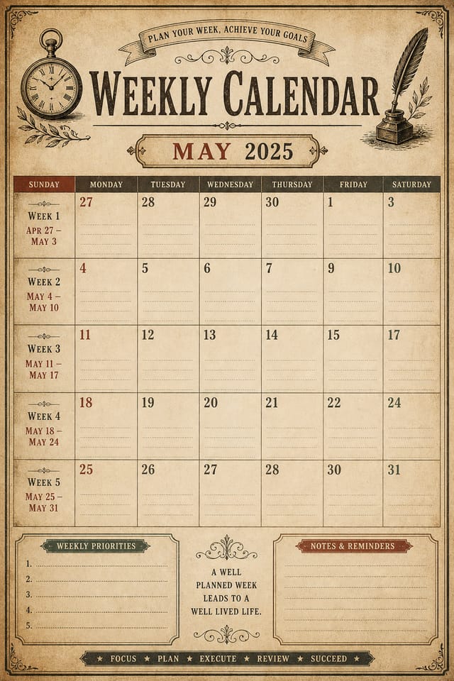 Weekly Calendar — vintage style calendar page