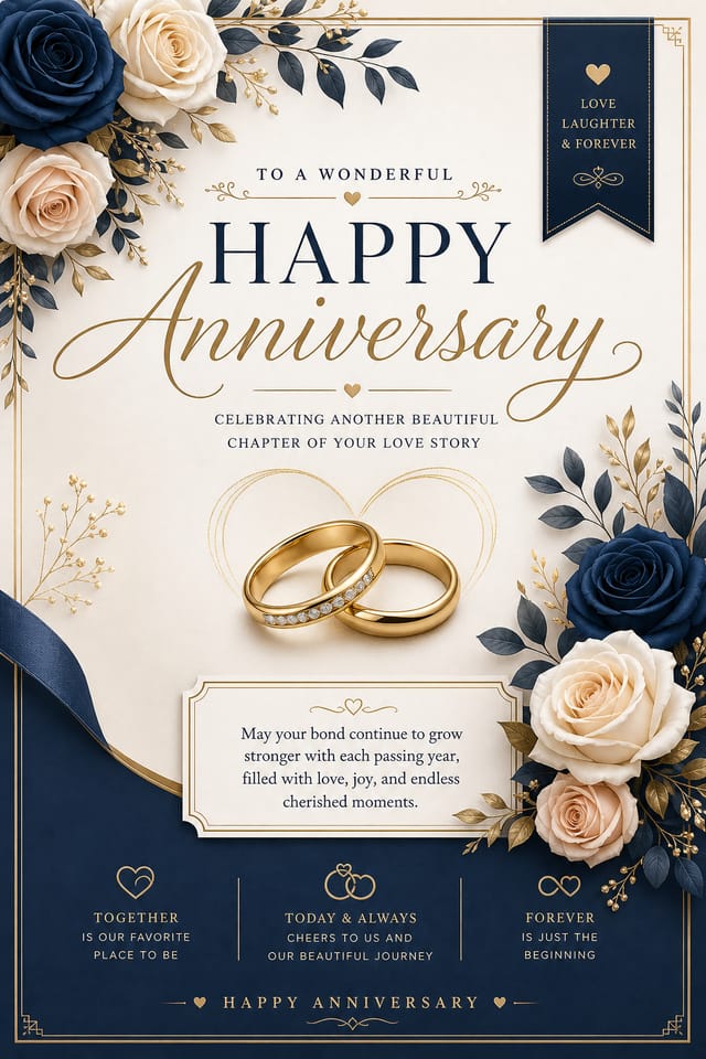 Anniversary Card — corporate style card design, featuring romantic florals, gold accents, elegant typography, soft warm lighting