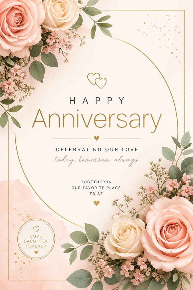 Anniversary Card — modern style card design, featuring romantic florals, gold accents, elegant typography, soft warm lighting