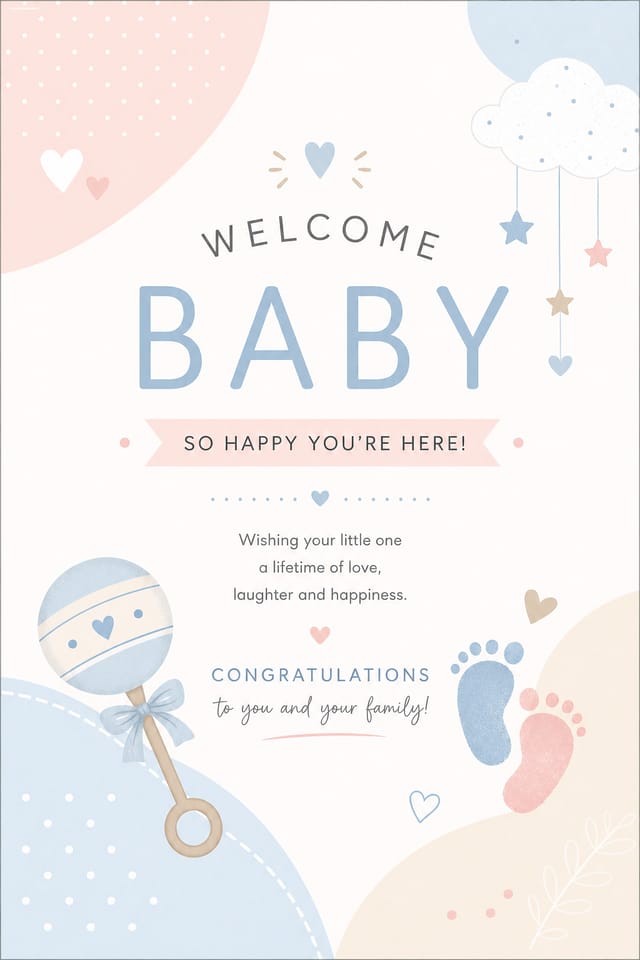 Baby Birth Card — modern style card design, featuring soft pastel colors, baby imagery (rattle, footprints), gentle palette