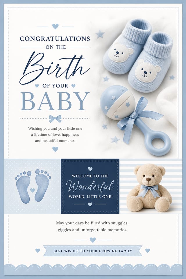 Baby Birth Card — corporate style card design, featuring soft pastel colors, baby imagery (rattle, footprints), gentle palette