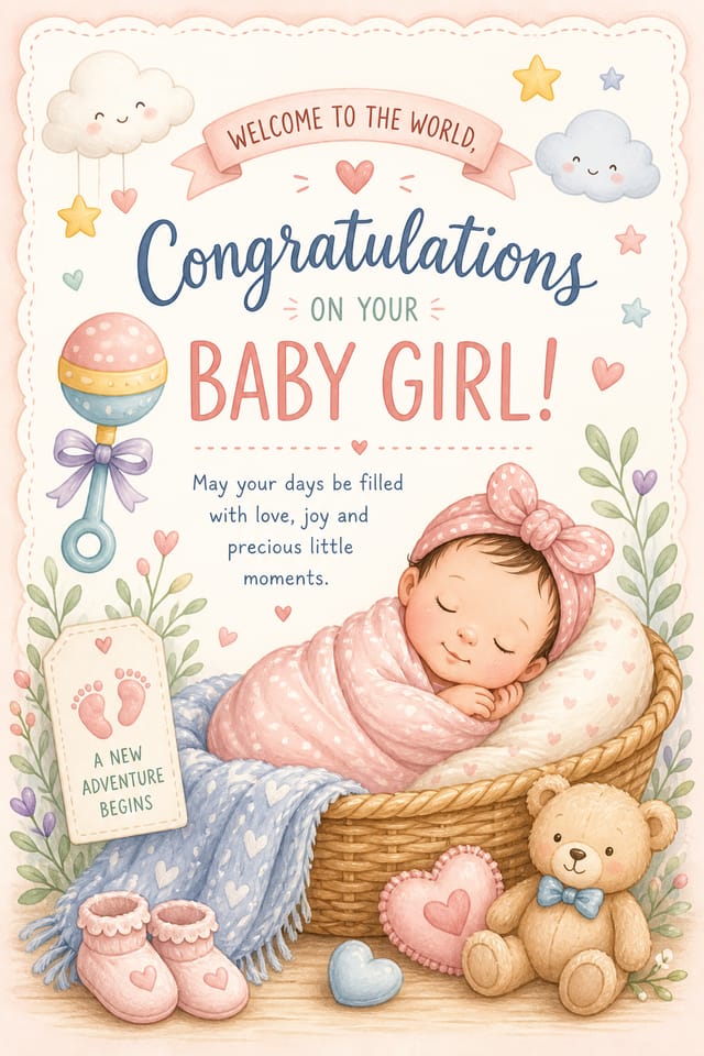 Baby Birth Card — illustration style card design, featuring soft pastel colors, baby imagery (rattle, footprints), gentle palette