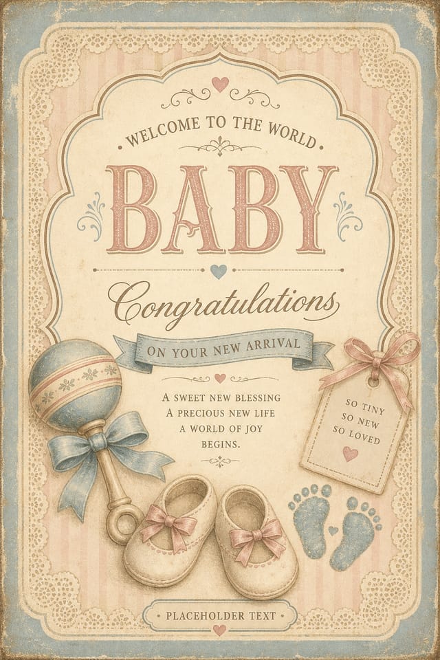 Baby Birth Card — vintage style card design, featuring soft pastel colors, baby imagery (rattle, footprints), gentle palette