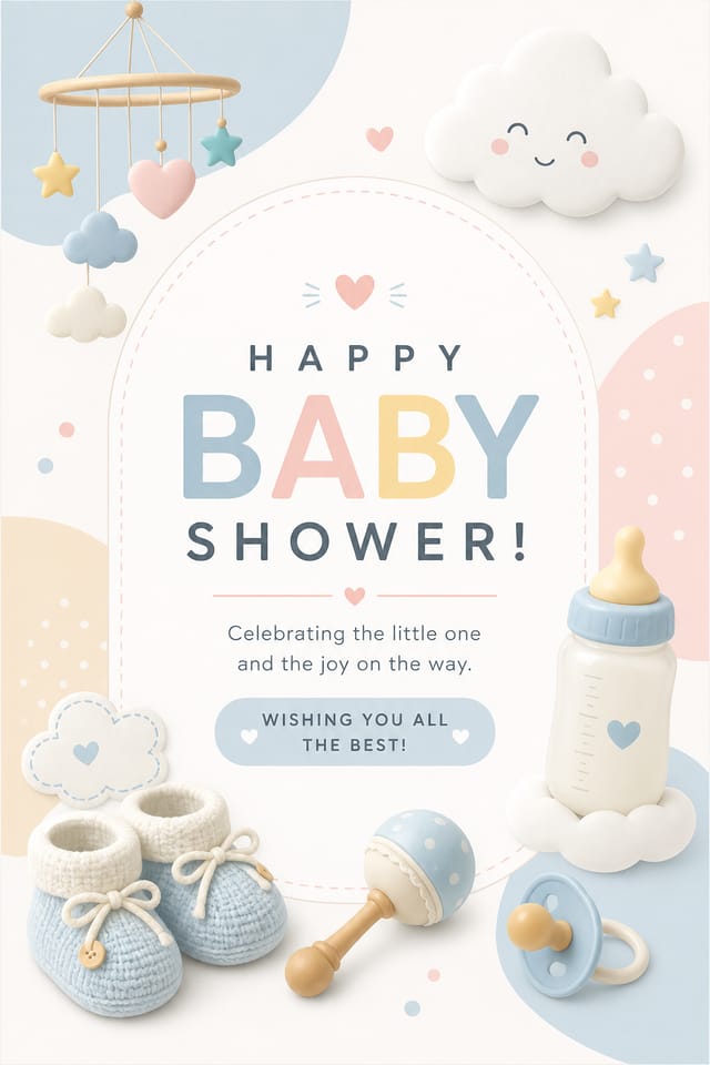 Baby Shower Card — modern style card design, featuring soft pastels, baby motifs (booties, rattles, pacifiers), gentle clouds