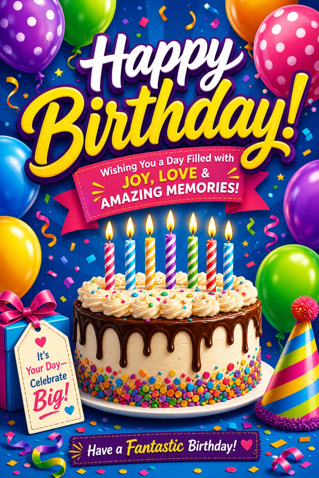 Birthday Card — vibrant style card design, featuring balloons, birthday cake, candles, confetti, festive bright colors