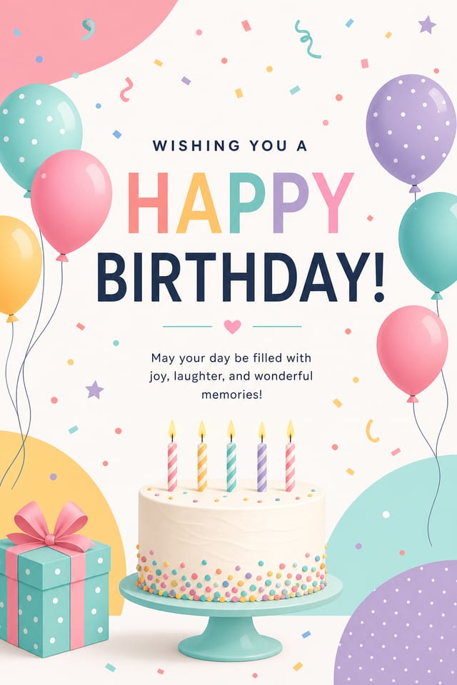 Birthday Card — modern style card design, featuring balloons, birthday cake, candles, confetti, festive bright colors