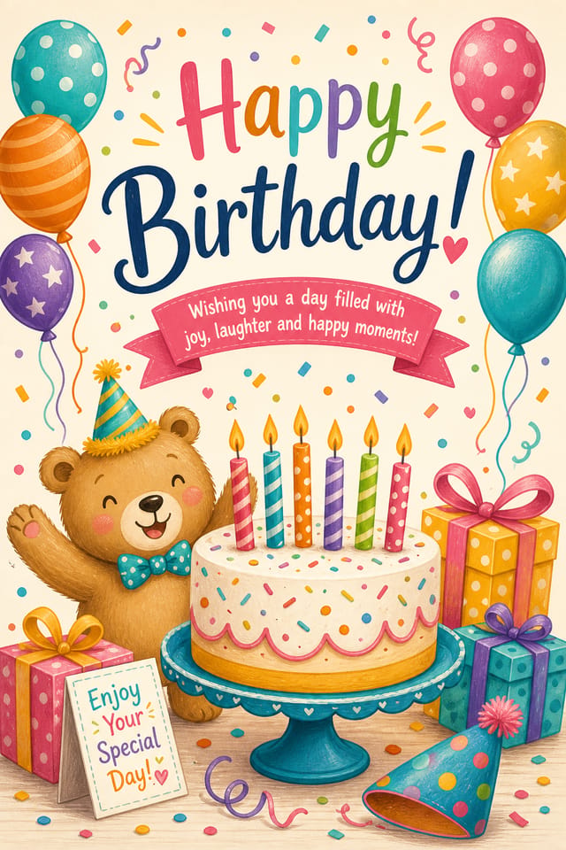 Birthday Card — illustration style card design, featuring balloons, birthday cake, candles, confetti, festive bright colors