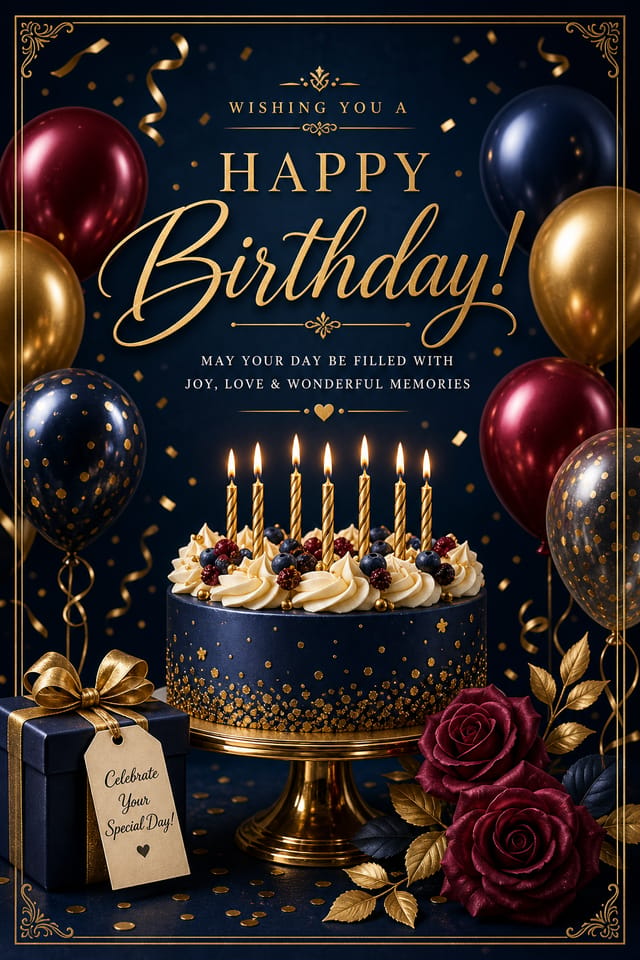 Birthday Card — elegant style card design, featuring balloons, birthday cake, candles, confetti, festive bright colors