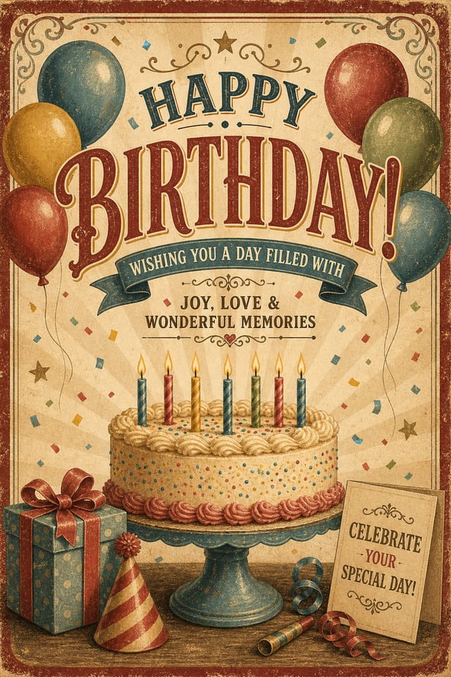 Birthday Card — vintage style card design, featuring balloons, birthday cake, candles, confetti, festive bright colors