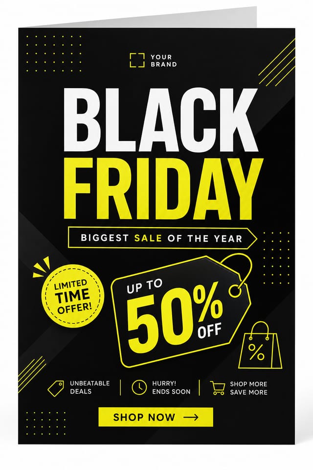 Black Friday Card — modern style card design, featuring bold black background, neon yellow accents, sale imagery, urgency typography
