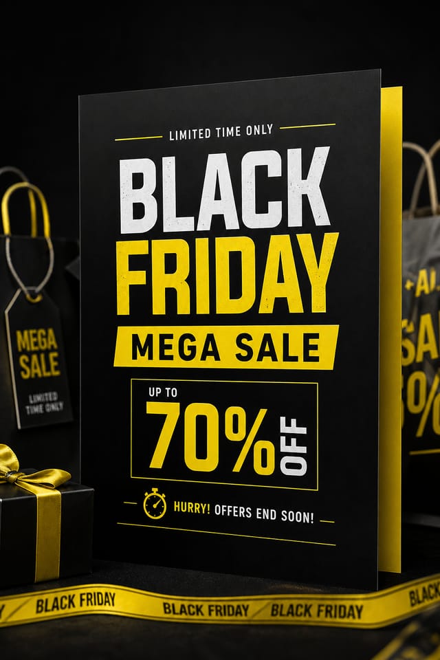 Black Friday Card — photo-realistic style card design, featuring bold black background, neon yellow accents, sale imagery, urgency typography