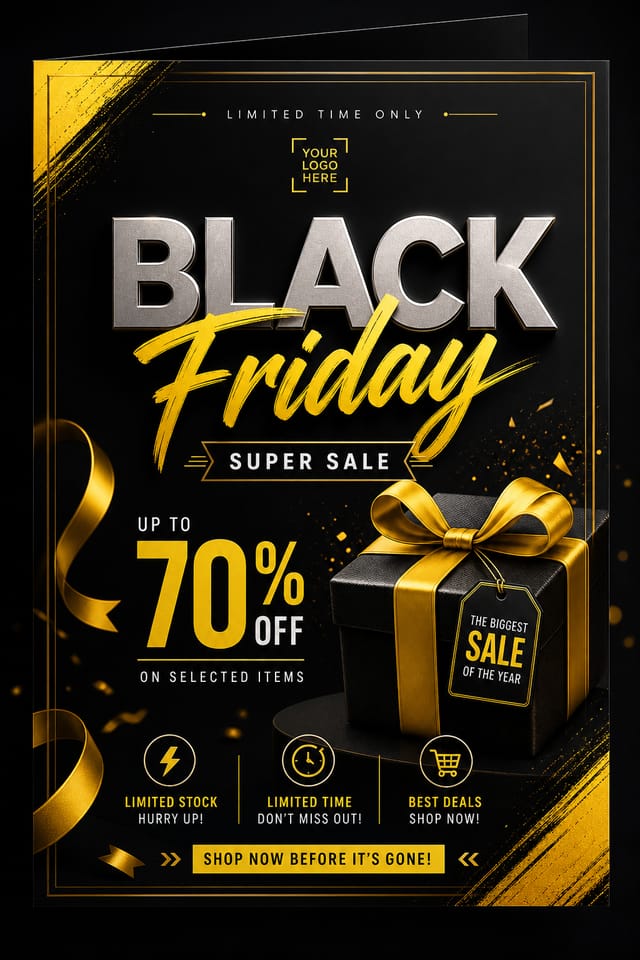 Black Friday Card — elegant style card design, featuring bold black background, neon yellow accents, sale imagery, urgency typography