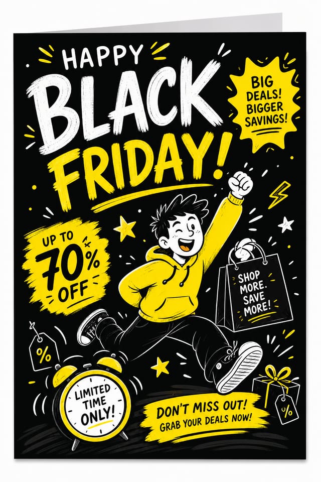 Black Friday Card — illustration style card design, featuring bold black background, neon yellow accents, sale imagery, urgency typography