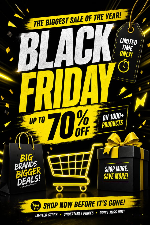 Black Friday Card — vibrant style card design, featuring bold black background, neon yellow accents, sale imagery, urgency typography