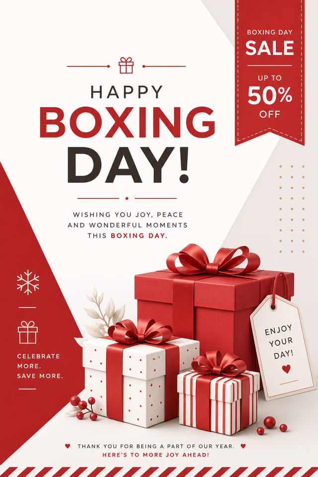 Boxing Day Card — modern style card design, featuring gift boxes with ribbons, festive sale imagery, red and white palette