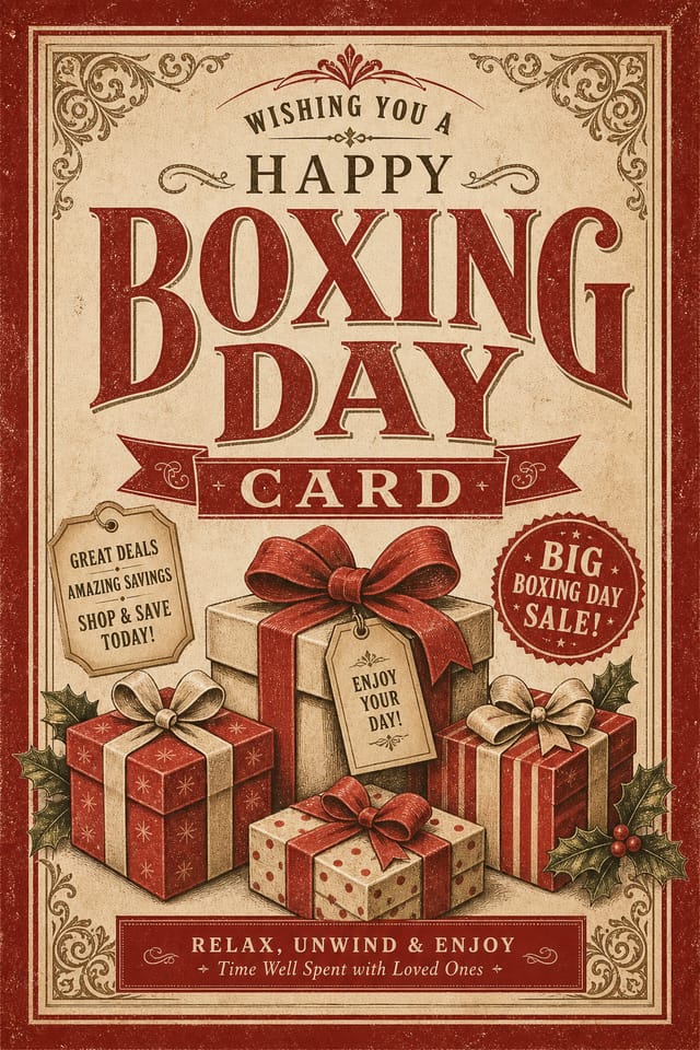 Boxing Day Card — vintage style card design, featuring gift boxes with ribbons, festive sale imagery, red and white palette
