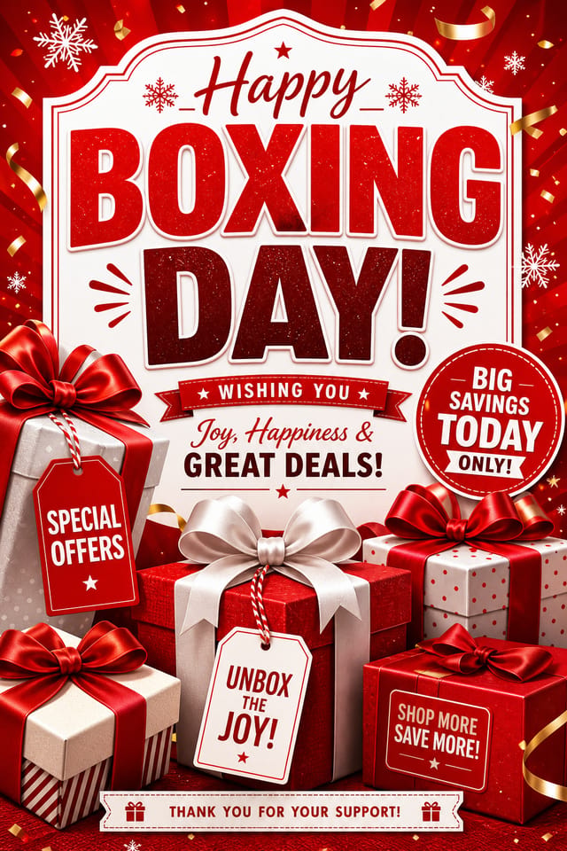 Boxing Day Card — vibrant style card design, featuring gift boxes with ribbons, festive sale imagery, red and white palette