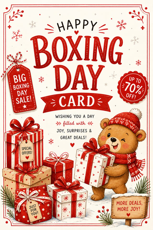 Boxing Day Card — illustration style card design, featuring gift boxes with ribbons, festive sale imagery, red and white palette