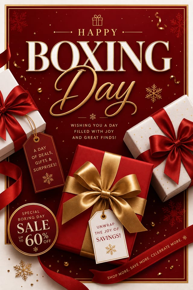 Boxing Day Card — elegant style card design, featuring gift boxes with ribbons, festive sale imagery, red and white palette