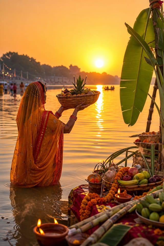 Chhath Puja Card — photo-realistic style card design, featuring rising sun, river setting, banana leaves, traditional offerings, sunrise gold tones