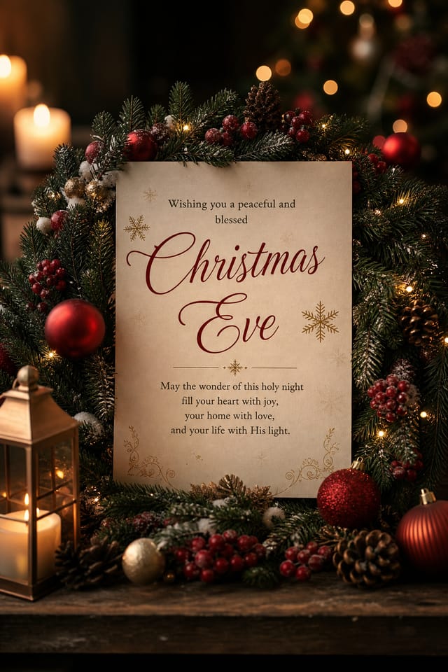 Christmas Eve Card — photo-realistic style card design, featuring pine wreaths, ornaments, red and green palette, snowflakes, festive lights, candle glow