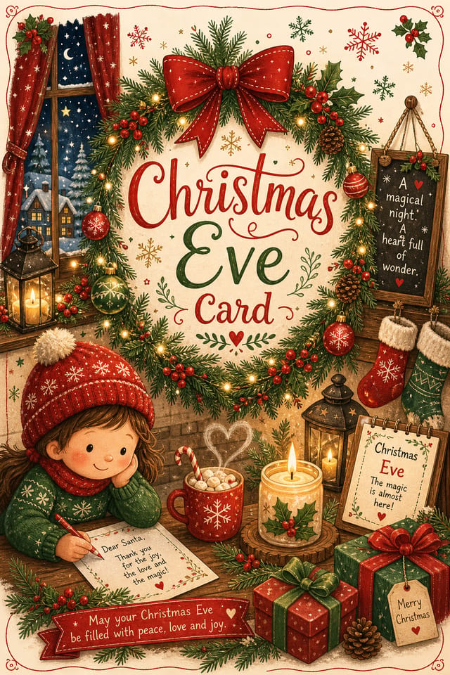 Christmas Eve Card — illustration style card design, featuring pine wreaths, ornaments, red and green palette, snowflakes, festive lights, candle glow