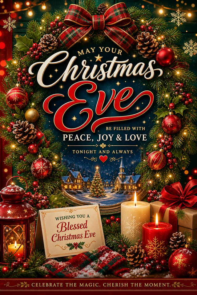 Christmas Eve Card — vibrant style card design, featuring pine wreaths, ornaments, red and green palette, snowflakes, festive lights, candle glow