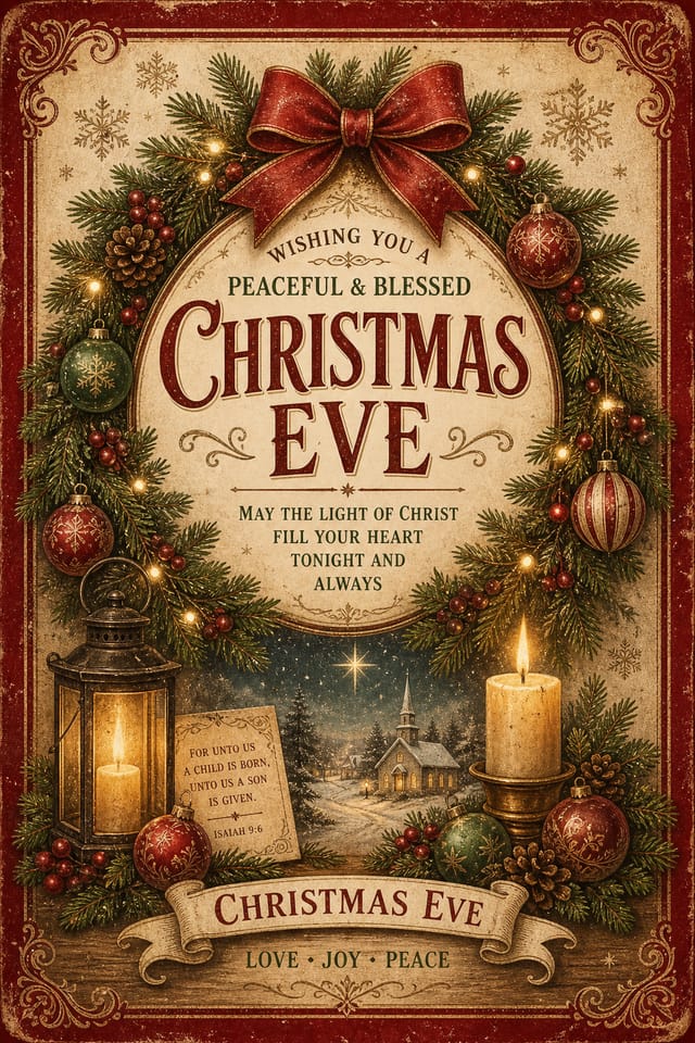 Christmas Eve Card — vintage style card design, featuring pine wreaths, ornaments, red and green palette, snowflakes, festive lights, candle glow