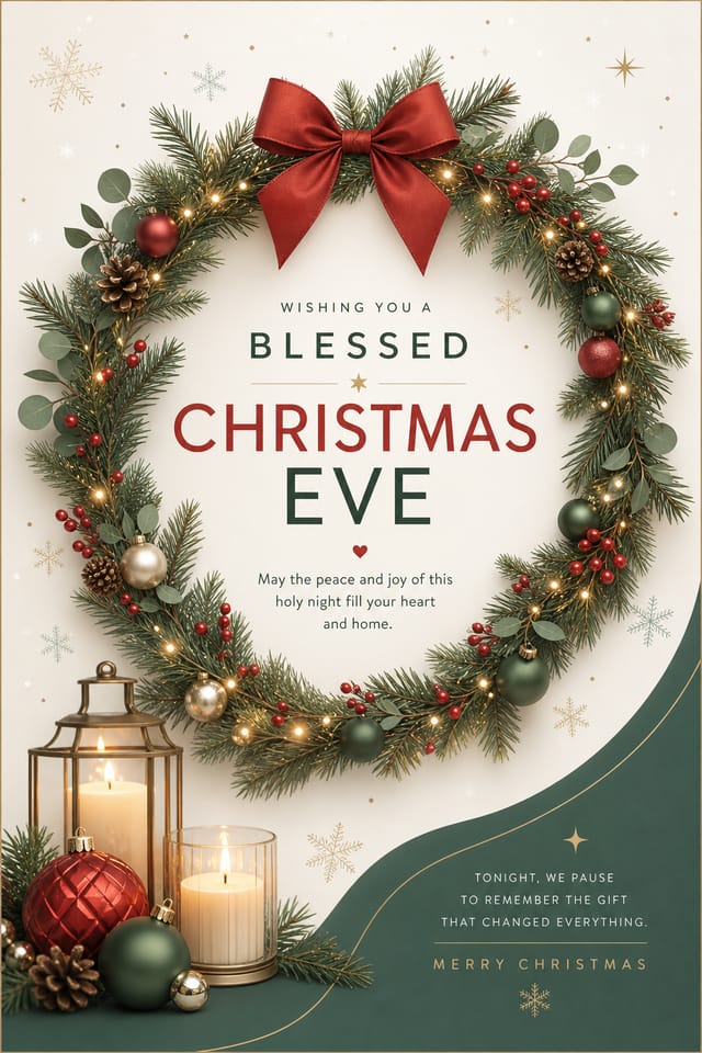 Christmas Eve Card — modern style card design, featuring pine wreaths, ornaments, red and green palette, snowflakes, festive lights, candle glow