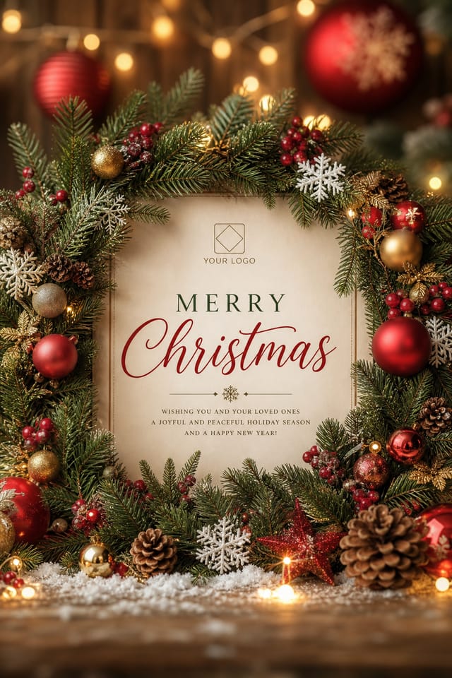 Diseños de tarjetas de Navidad — diseño de tarjeta en estilo fotorrealista, con coronas de pino, adornos, paleta roja y verde, copos de nieve y luces festivas