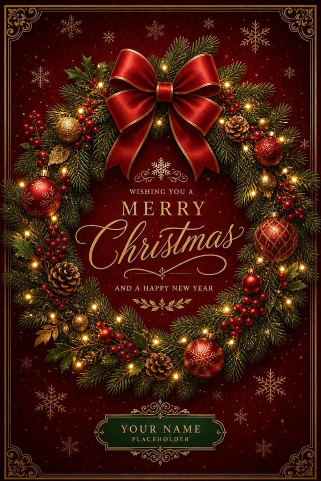 Diseños de tarjetas de Navidad — diseño de tarjeta en estilo elegante, con coronas de pino, adornos, paleta roja y verde, copos de nieve y luces festivas