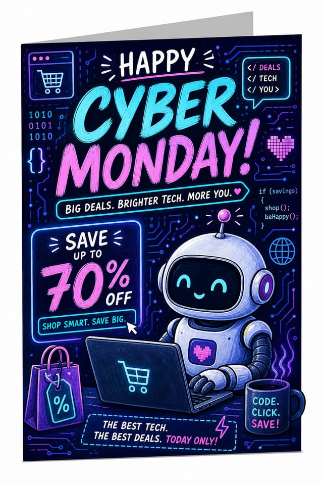 Cyber Monday Card — illustration style card design, featuring digital tech imagery, neon blue/purple, code patterns, bold sale typography