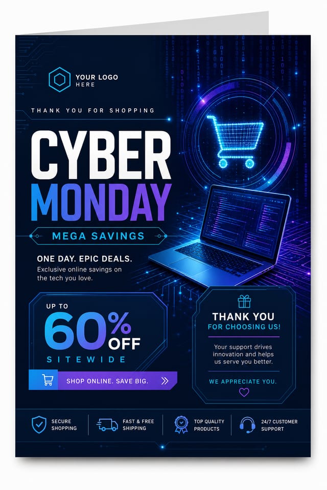 Cyber Monday Card — corporate style card design, featuring digital tech imagery, neon blue/purple, code patterns, bold sale typography