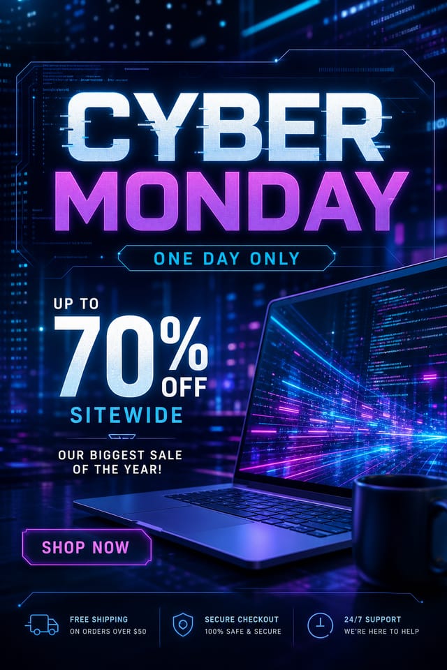 Cyber Monday Card — photo-realistic style card design, featuring digital tech imagery, neon blue/purple, code patterns, bold sale typography