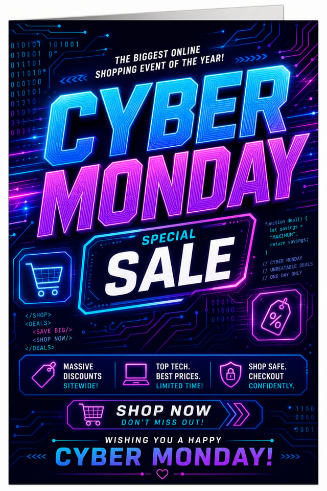 Cyber Monday Card — vibrant style card design, featuring digital tech imagery, neon blue/purple, code patterns, bold sale typography