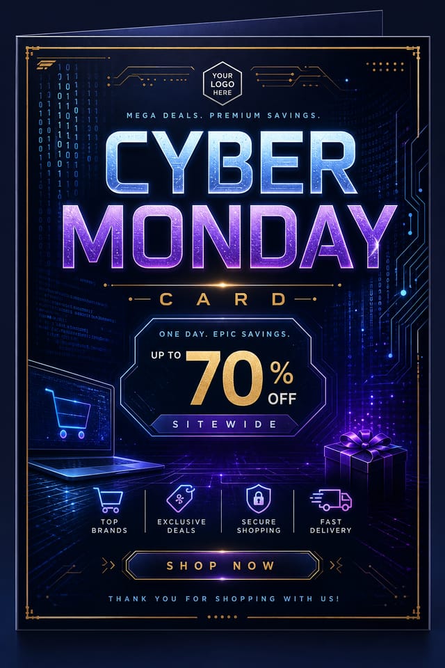 Cyber Monday Card — elegant style card design, featuring digital tech imagery, neon blue/purple, code patterns, bold sale typography