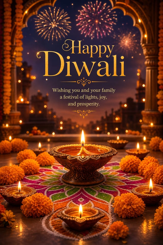 Diwali Card — photo-realistic style card design, featuring glowing diya lamps, marigold flowers, rangoli patterns, golden-orange palette, fireworks