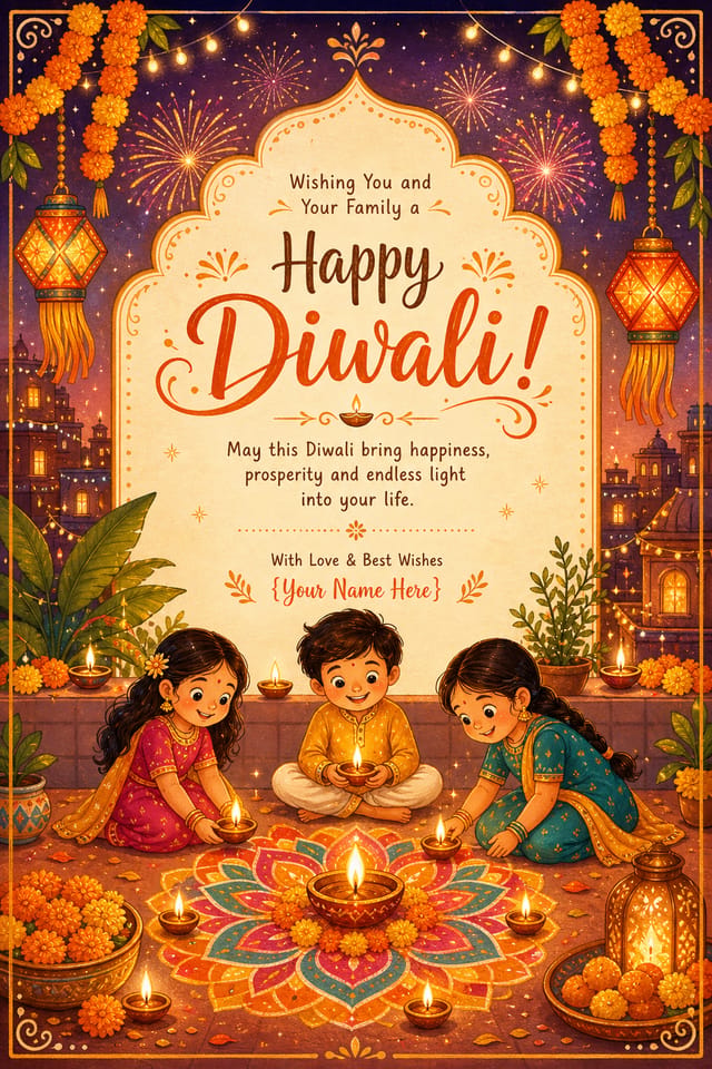 Diwali Card — illustration style card design, featuring glowing diya lamps, marigold flowers, rangoli patterns, golden-orange palette, fireworks