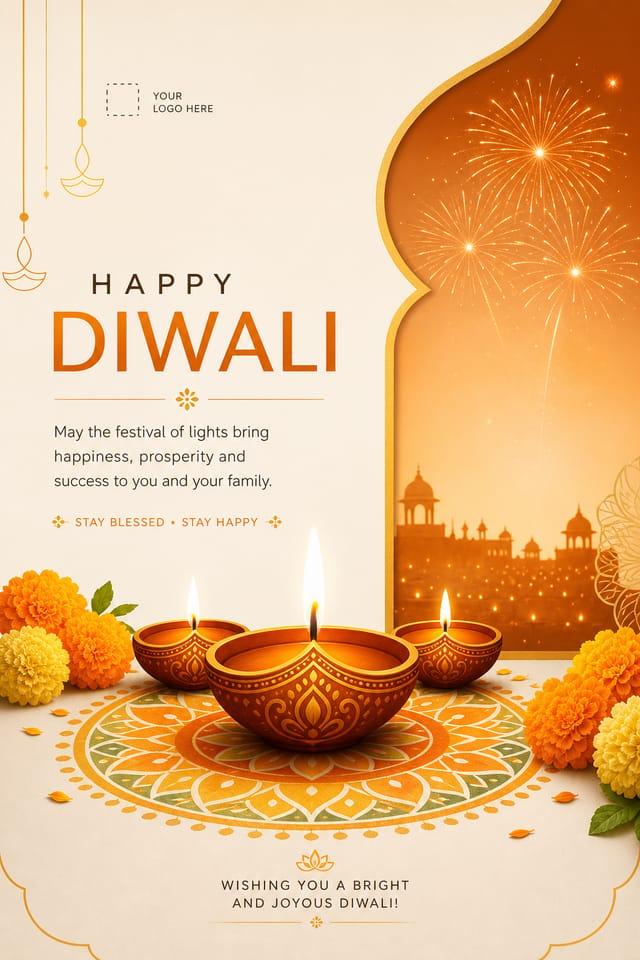 Diwali Card — modern style card design, featuring glowing diya lamps, marigold flowers, rangoli patterns, golden-orange palette, fireworks