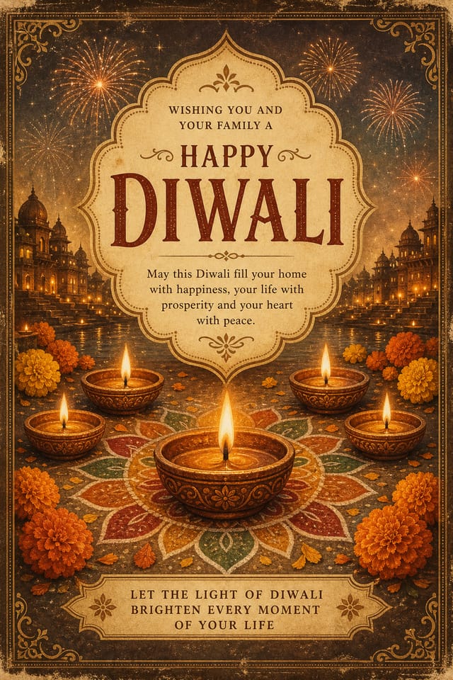 Diwali Card — vintage style card design, featuring glowing diya lamps, marigold flowers, rangoli patterns, golden-orange palette, fireworks