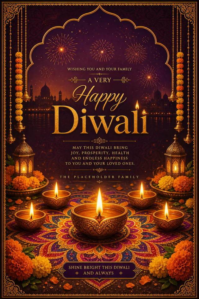 Diwali Card — elegant style card design, featuring glowing diya lamps, marigold flowers, rangoli patterns, golden-orange palette, fireworks