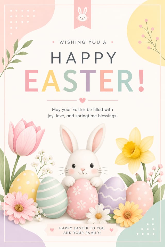 Easter Card — modern style card design, featuring pastel eggs, spring flowers, soft pinks and yellows, bunny motifs