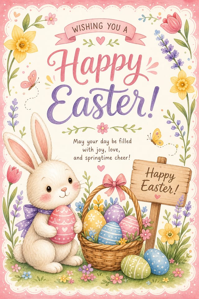 Easter Card — illustration style card design, featuring pastel eggs, spring flowers, soft pinks and yellows, bunny motifs