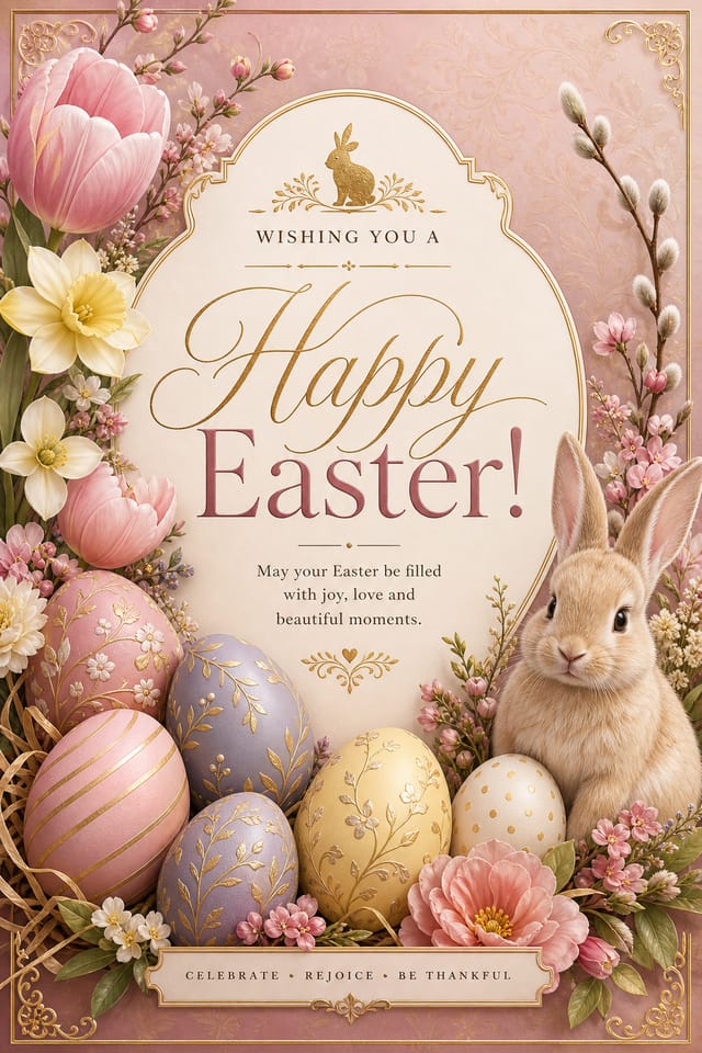 Easter Card — elegant style card design, featuring pastel eggs, spring flowers, soft pinks and yellows, bunny motifs