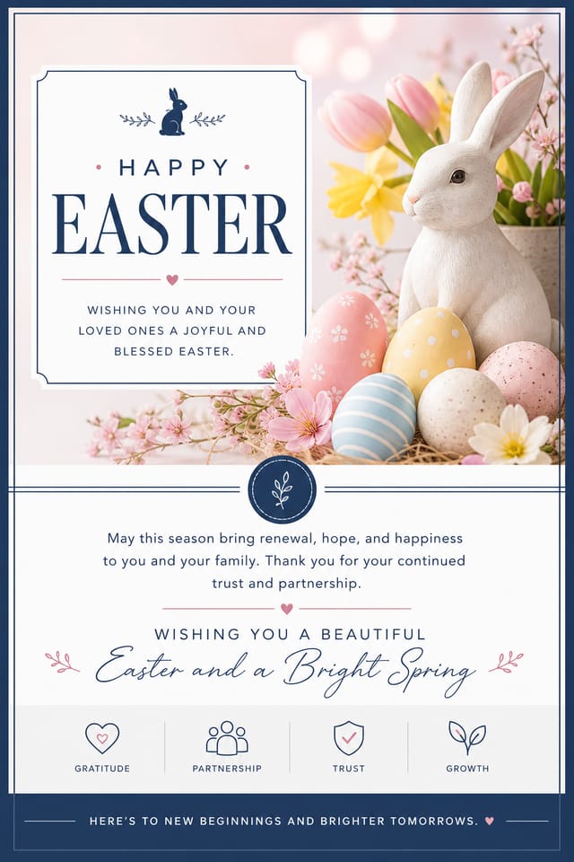 Easter Card — corporate style card design, featuring pastel eggs, spring flowers, soft pinks and yellows, bunny motifs